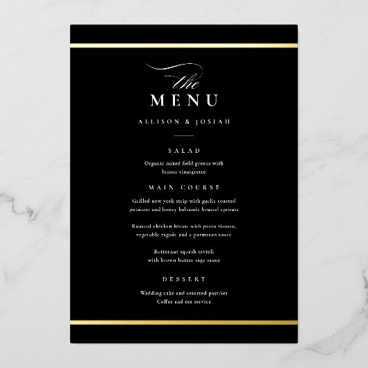 Elegant Goud Zwart-Wit Bruiloft Folie Menu's Folie Uitnodiging (Voorkant)