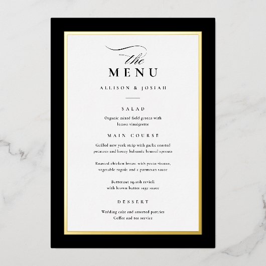 Elegant Goud Zwart-Wit Bruiloft Folie Menu's Uitnodiging (Voorkant)