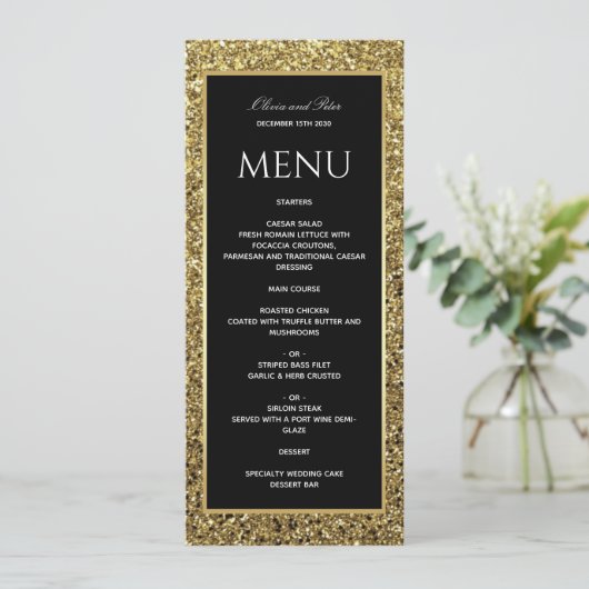 Elegant Goud Zwart-Wit Bruiloft Menu (Staand voorkant)
