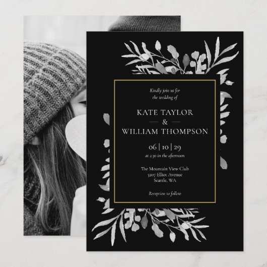 Elegant Goud Zwart Wit Foliage Foto Bruiloft Kaart (Voorkant / Achterkant)