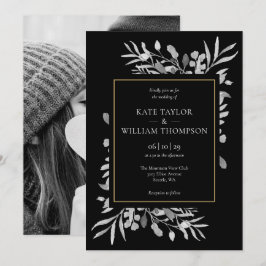 Elegant Goud Zwart Wit Foliage Foto Bruiloft Kaart