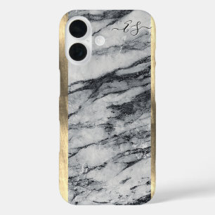 Elegant Goud Zwart-Wit Marmer Monogram toevoegen iPhone 16 Hoesje