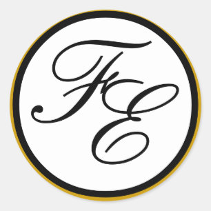 Elegant Goud Zwart & Wit Monogram Huwelijkszegel Ronde Sticker