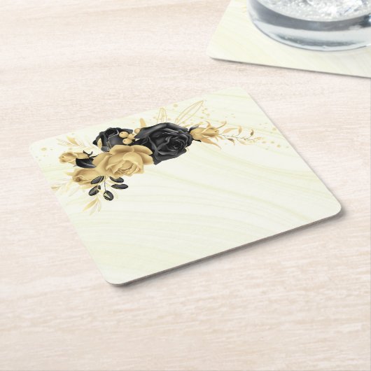 elegant goud & zwarte floraal kartonnen onderzetters (Schuin)