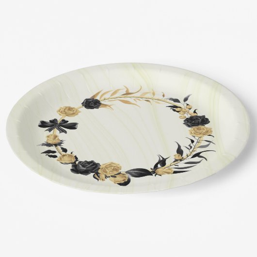 elegant goud & zwarte floraal papieren bordje (Gekanteld)