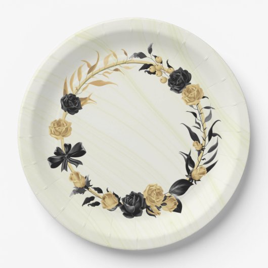 elegant goud & zwarte floraal papieren bordje (Voorkant)