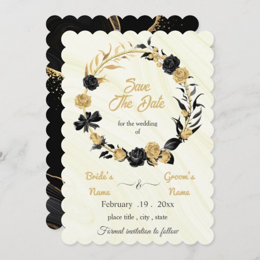 elegant goud & zwarte flormond save the date (Voorkant / Achterkant)
