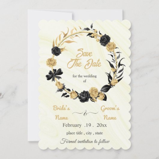 elegant goud & zwarte flormond save the date (Voorkant)