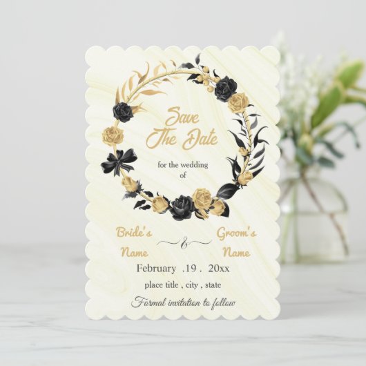 elegant goud & zwarte flormond save the date (Staand voorkant)
