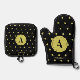 Elegant Goud & Zwarte Sterrenpatroon Monogram Ovenwant & Pannenlap Set