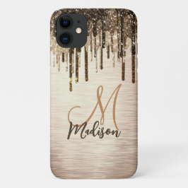 Elegant goudbruine druppels glitter monogram Case-Mate iPhone case
