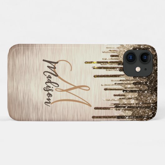 Elegant goudbruine druppels glitter monogram Case-Mate iPhone case (Achterkant (horizontaal))