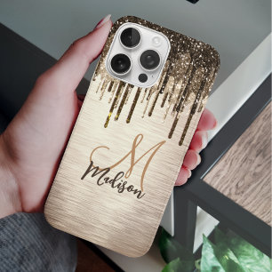 Elegant goudbruine druppels glitter monogram iPhone 16 pro hoesje