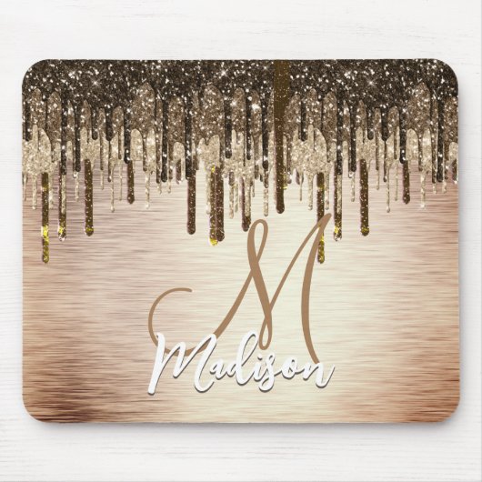 Elegant goudbruine druppels glitter monogram muismat (Voorkant)