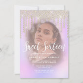 Elegant gouddiamantdruppels paars zoet zestien kaart (Voorkant)