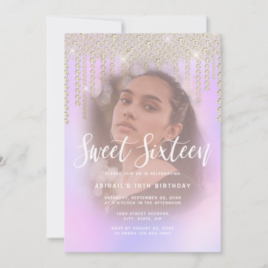 Elegant gouddiamantdruppels paars zoet zestien kaart (Voorkant)