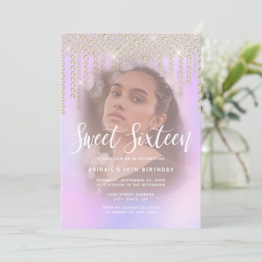 Elegant gouddiamantdruppels paars zoet zestien kaart (Staand voorkant)