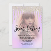 Elegant gouddiamantdruppels paars zoet zestien kaart (Voorkant)