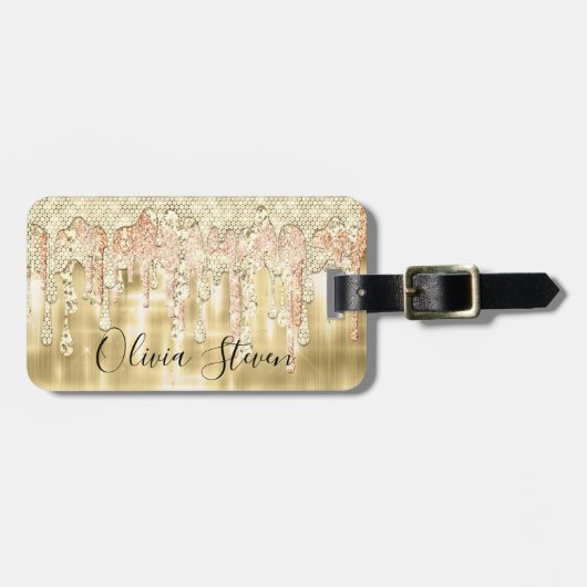 Elegant gouddruppelmonogram bagagelabel (Voorkant horizontaal)