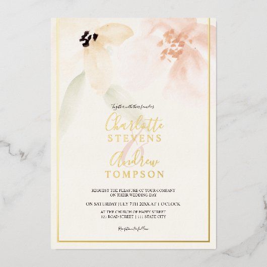 Elegant goude zachte waterverf bruiloft foto folie uitnodiging (Voorkant)