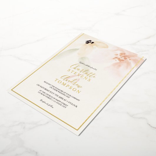 Elegant goude zachte waterverf bruiloft foto folie uitnodiging (Gedraaid)