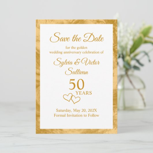 Elegant Gouden 50-jarig jubileumfeest op maat Save The Date (Staand voorkant)