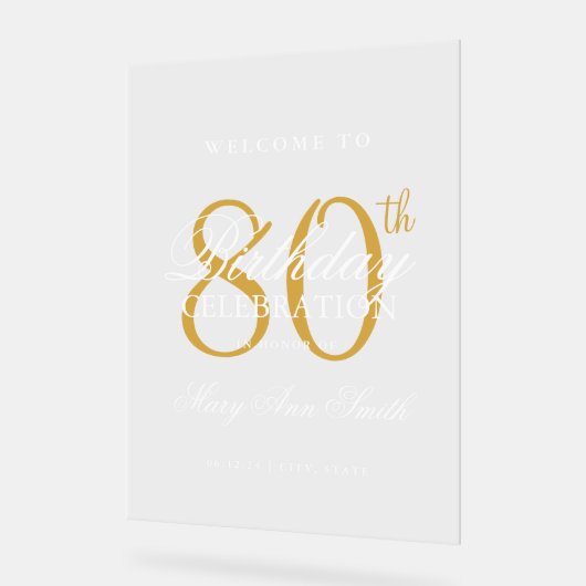 Elegant gouden 80e verjaardagsfeest welkom acryl bord (Hoek)