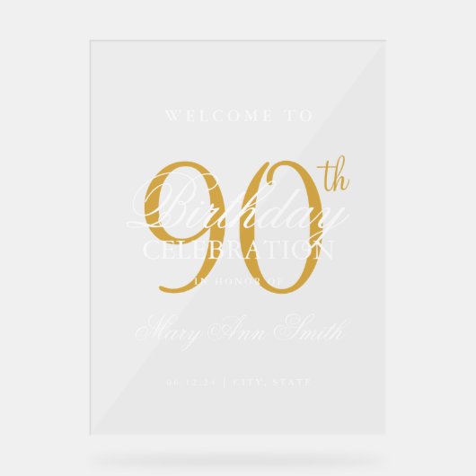 Elegant gouden 90e verjaardagsfeest welkom acryl bord (Voorkant)