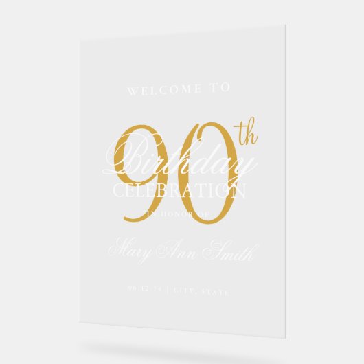 Elegant gouden 90e verjaardagsfeest welkom acryl bord (Hoek)