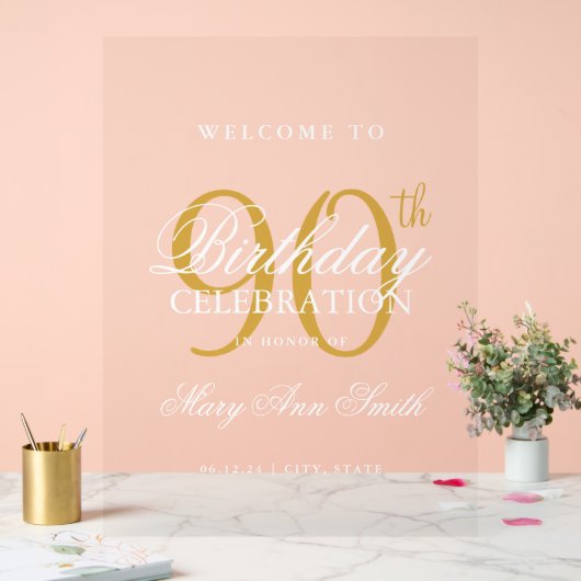 Elegant gouden 90e verjaardagsfeest welkom acryl bord (Huwelijk)