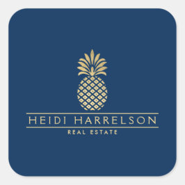 Elegant Gouden Ananas Logo op Marineblauw Vierkante Sticker