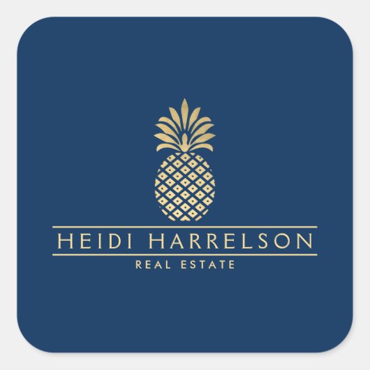 Elegant Gouden Ananas Logo op Marineblauw Vierkante Sticker (Voorkant)
