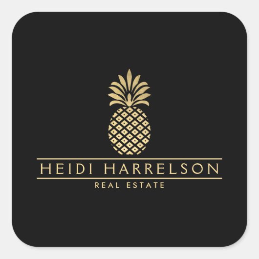 Elegant Gouden Ananas Logo op Zwart Vierkante Sticker (Voorkant)