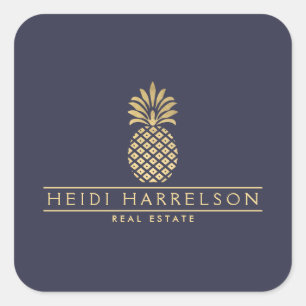 Elegant gouden ananaslogo op donkerblauw vierkante sticker