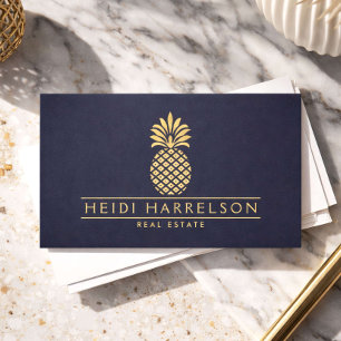 Elegant gouden ananaslogo op donkerblauw visitekaartje