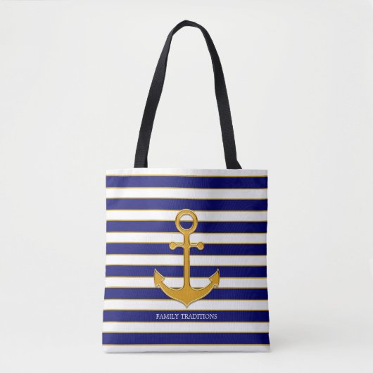 Elegant gouden anker op blauw & wit gestreept tote bag (Voorkant)
