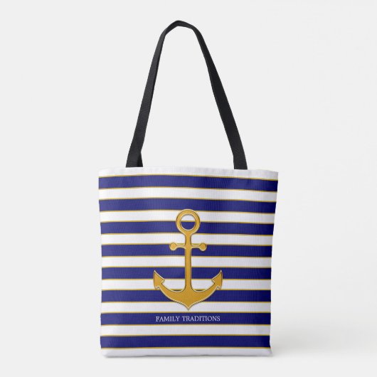 Elegant gouden anker op blauw & wit gestreept tote bag (Achterkant)
