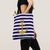 Elegant gouden anker op blauw & wit gestreept tote bag (Dichtbij)