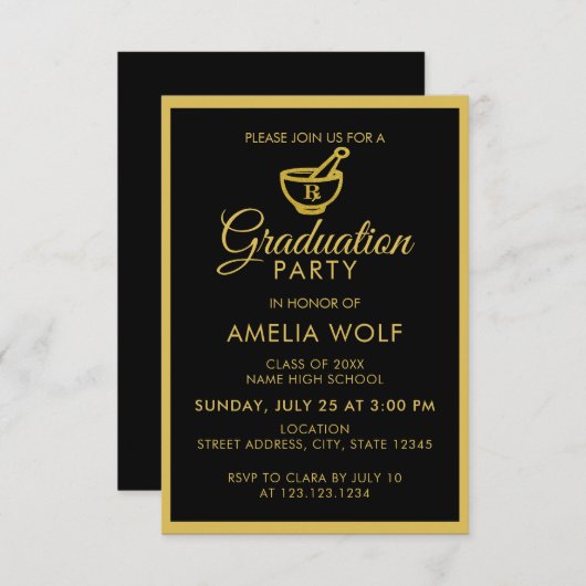Elegant Gouden Apotheker Afstudeerfeest Kaart (Voorkant / Achterkant)