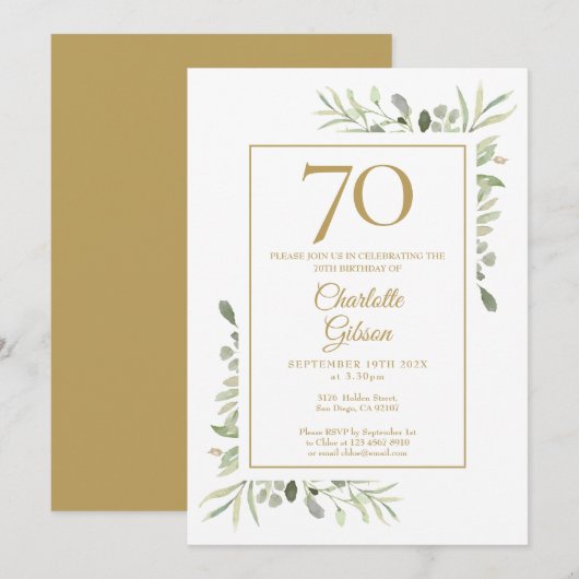 Elegant Gouden Aquarel Groen 70e Verjaardag Kaart (Voorkant / Achterkant)