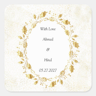 Elegant Gouden Blad Bruiloft Favor Klassiek  Vierkante Sticker