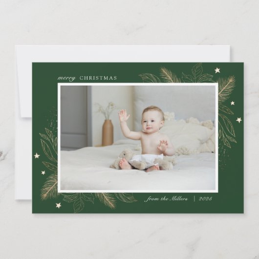 Elegant gouden bladeren 2 foto kerst familie Kaart (Voorkant)