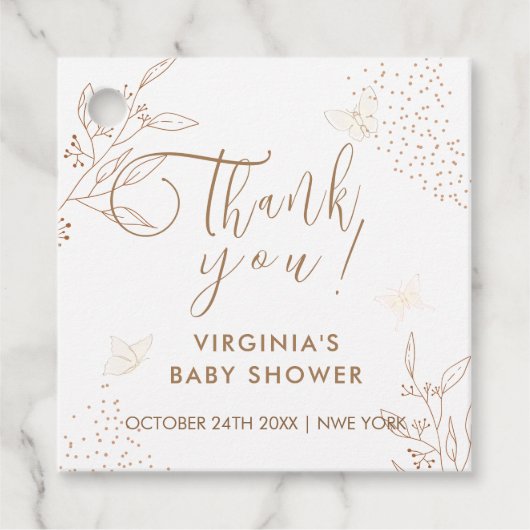 Elegant gouden bladeren vlinder Baby shower Bedankjes Labels (Voorkant)