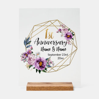 Elegant Gouden Bloem 1e Trouwdag Acryl Bord