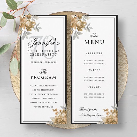 Elegant Gouden Bloem 70e Verjaardag Programma Menu