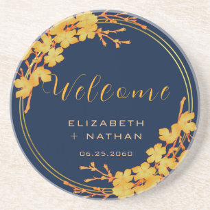 Elegant Gouden Bloem Navy Blauwe Trouw Welkom Zandsteen Onderzetter