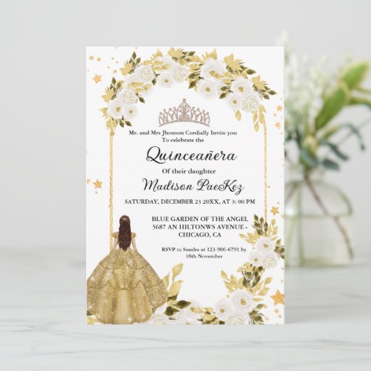 Elegant Gouden Bloemen Vlinder Quinceanera Kaart (Staand voorkant)