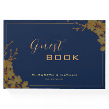 Elegant Gouden Bloemendesign Marineblauw Gastboek