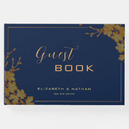 Elegant Gouden Bloemendesign Marineblauw Gastboek Gastenboek