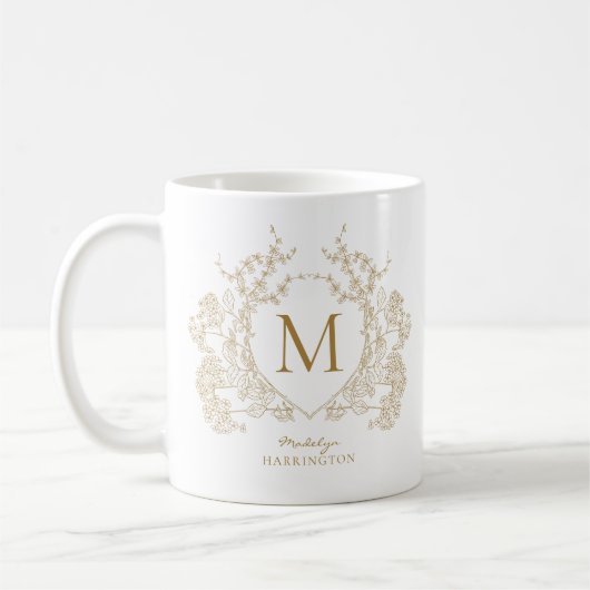 Elegant gouden bloemenkam monogram koffiemok (Links)